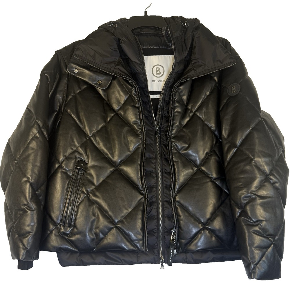 Bogner Womens Black Quilted Down Puffer Jacket Faux Leather Hooded Size M US 8 N